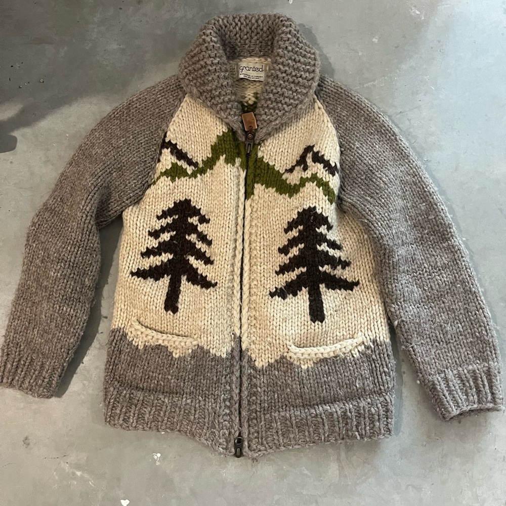 Gray and Cream Knit Cardigan with Tree Design by Granted knitwear